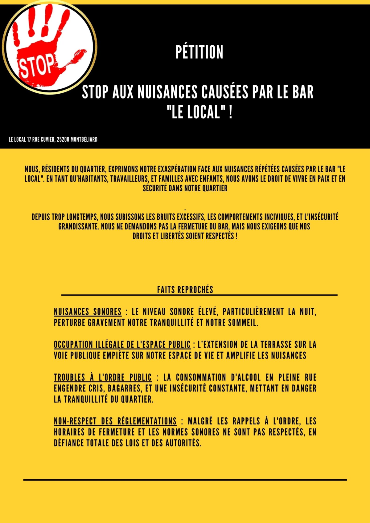STOP AUX NUISANCES CAUSÉES PAR LE BAR  "LE LOCAL" !